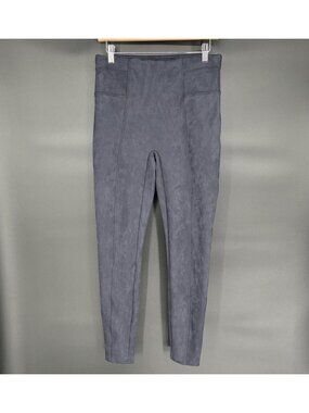 Spanx Women's Faux Suede Moto Leggings L Navy Seamed Pull On Stretch Pants